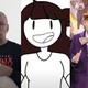 A person holding a dog on the left, an animated woman in the middle, and a man dressed as Willie Wonka on the right.